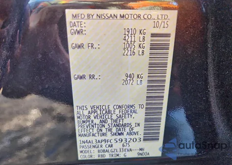 2015 Nissan Altima 2.5 from USA, damaged, VIN 1N4AL3AP9FC593203